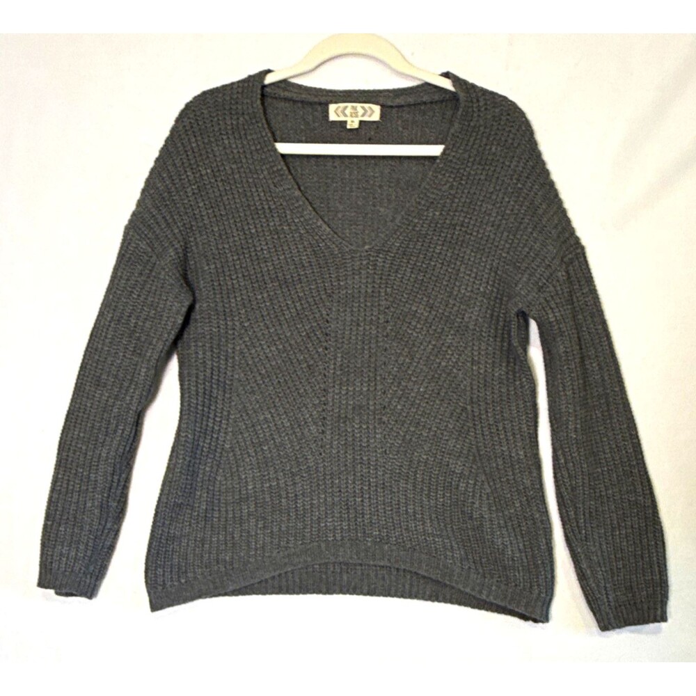 Pink Rose Knit Pullover Sweater Sz XL Gray V-Neck Shaker Stitch Casual Boho Cozy
